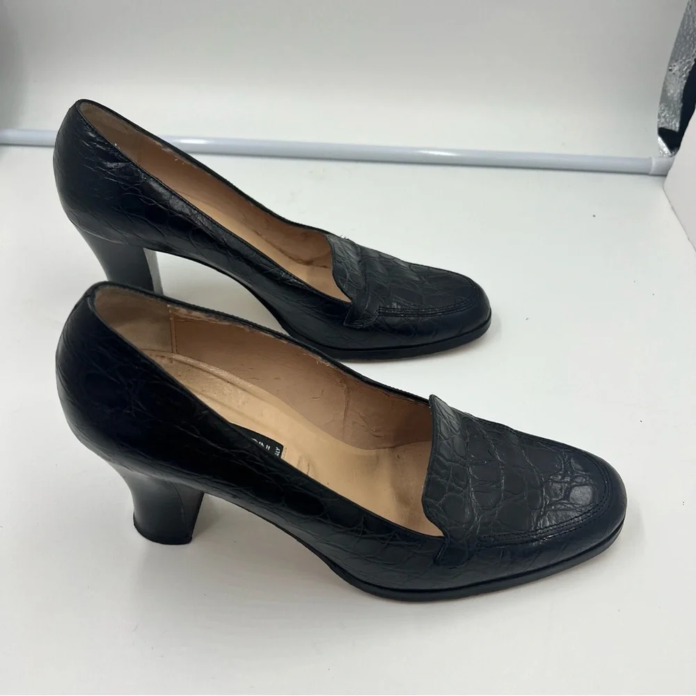 Adrienne Vittadini black croco-embossed leather loafer heel made in italy 9